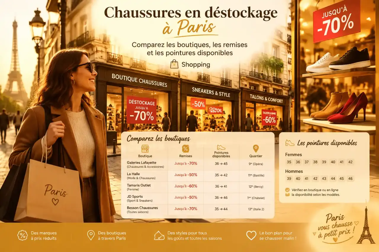 Chaussures en déstockage à Paris : comparez les boutiques, les remises et les pointures disponibles
