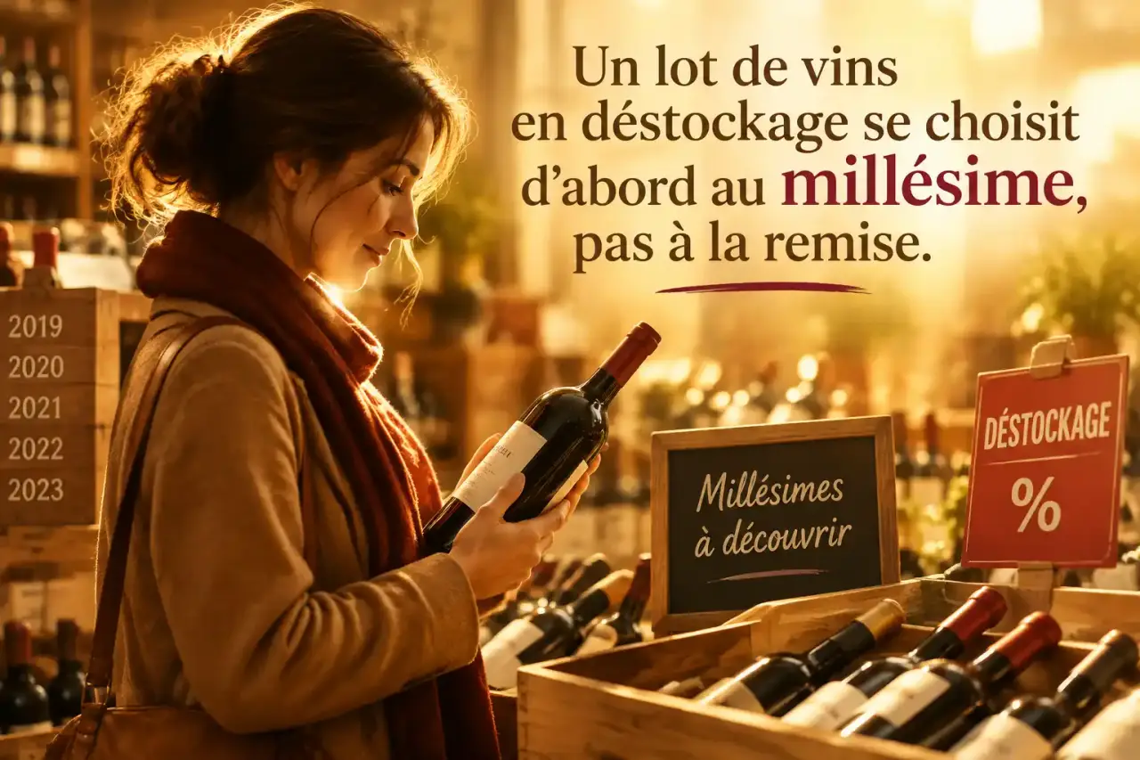 Un lot de vins en déstockage se choisit d’abord au millésime, pas à la remise