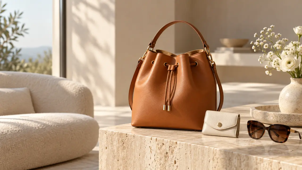 Sac seau en cuir élégant posé sur une table claire, dans une ambiance de mode lumineuse