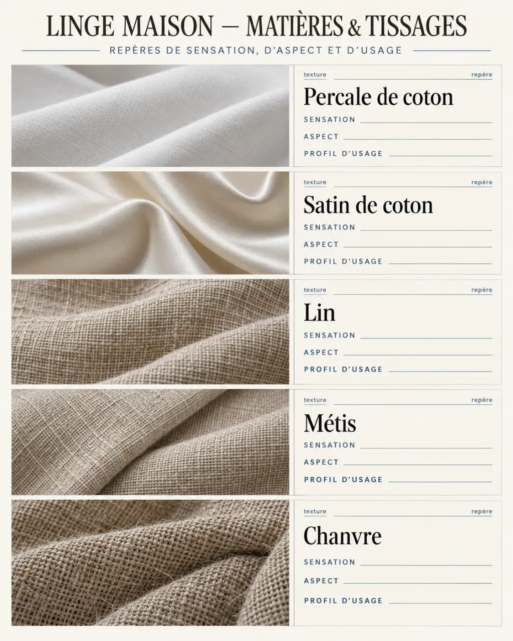 Infographie comparative des matières du linge maison haut de gamme : percale, satin de coton, lin, métis et chanvre