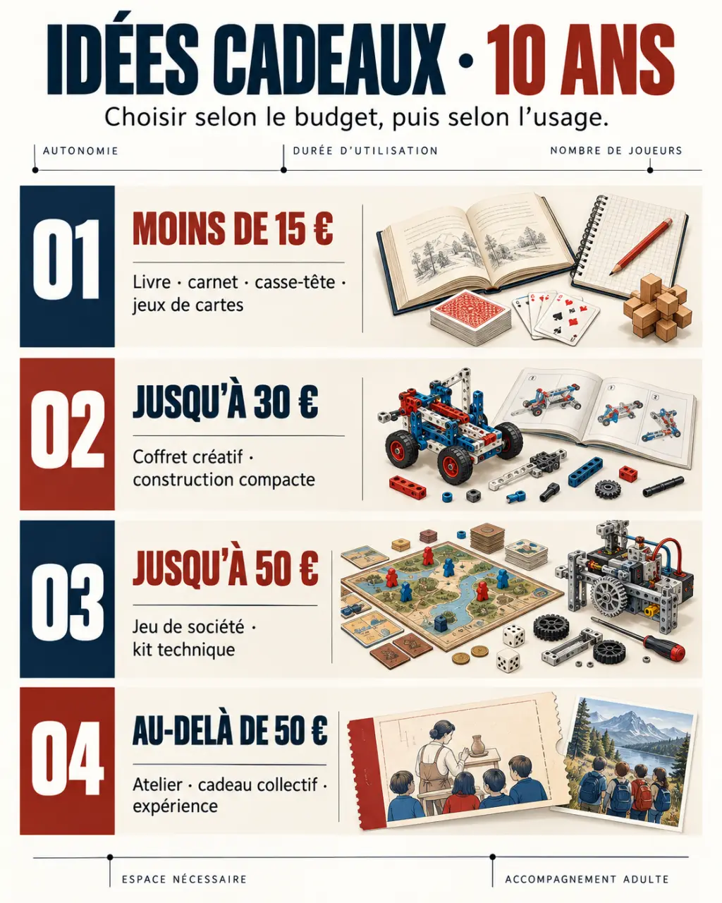 Idée cadeau enfant 10 ans : infographie des cadeaux par budget et niveau d’autonomie